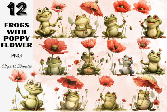 Download Frogs with Poppy Flower Clipart Bundle - Poppy Collection